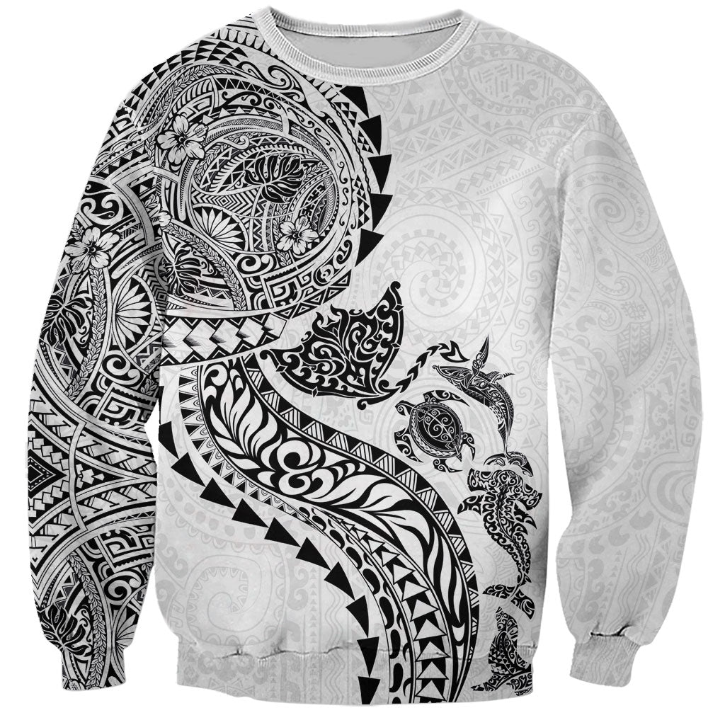 Hawaiian Kakau Tribal Sea Animals Tattoos Sweatshirt White Color LT03 Unisex White - Polynesian Pride