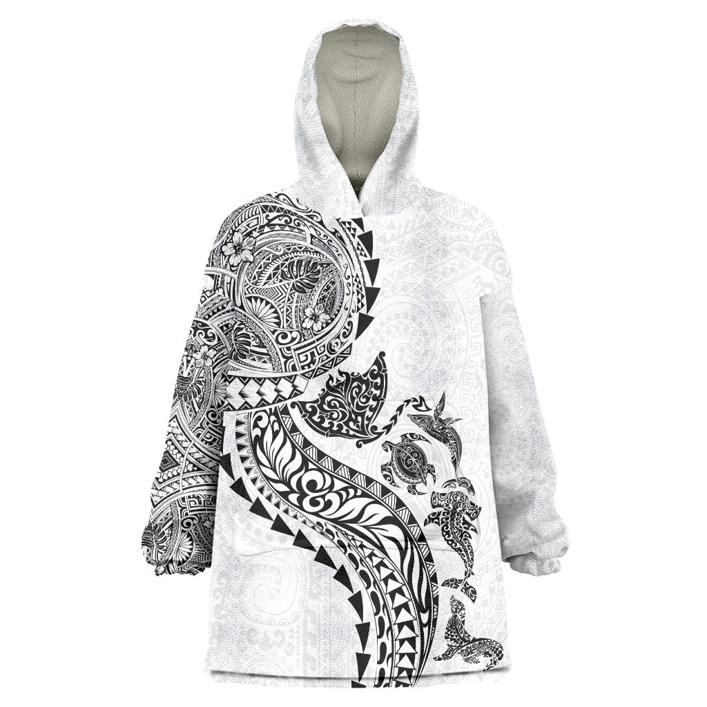 Hawaiian Kakau Tribal Sea Animals Tattoos Wearable Blanket Hoodie White Color LT03 One Size White - Polynesian Pride