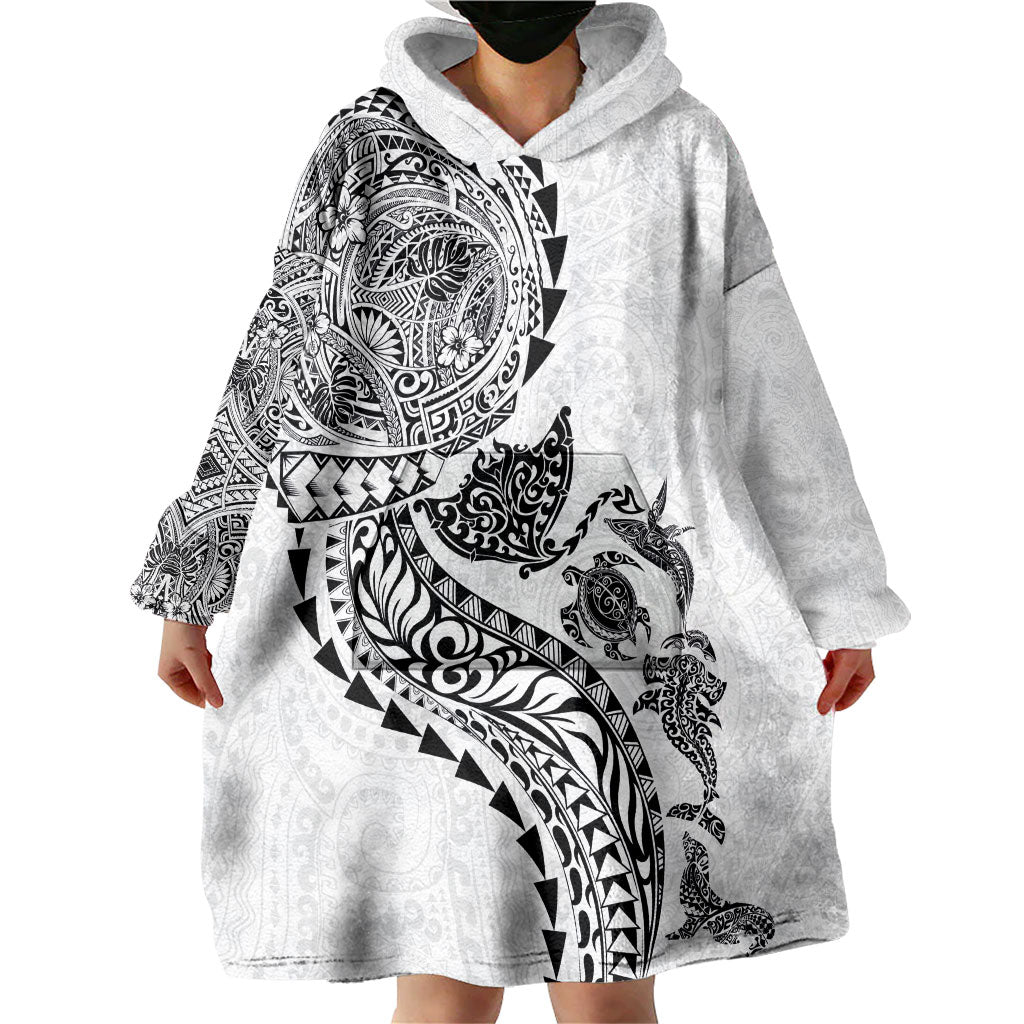 Hawaiian Kakau Tribal Sea Animals Tattoos Wearable Blanket Hoodie White Color LT03 - Polynesian Pride