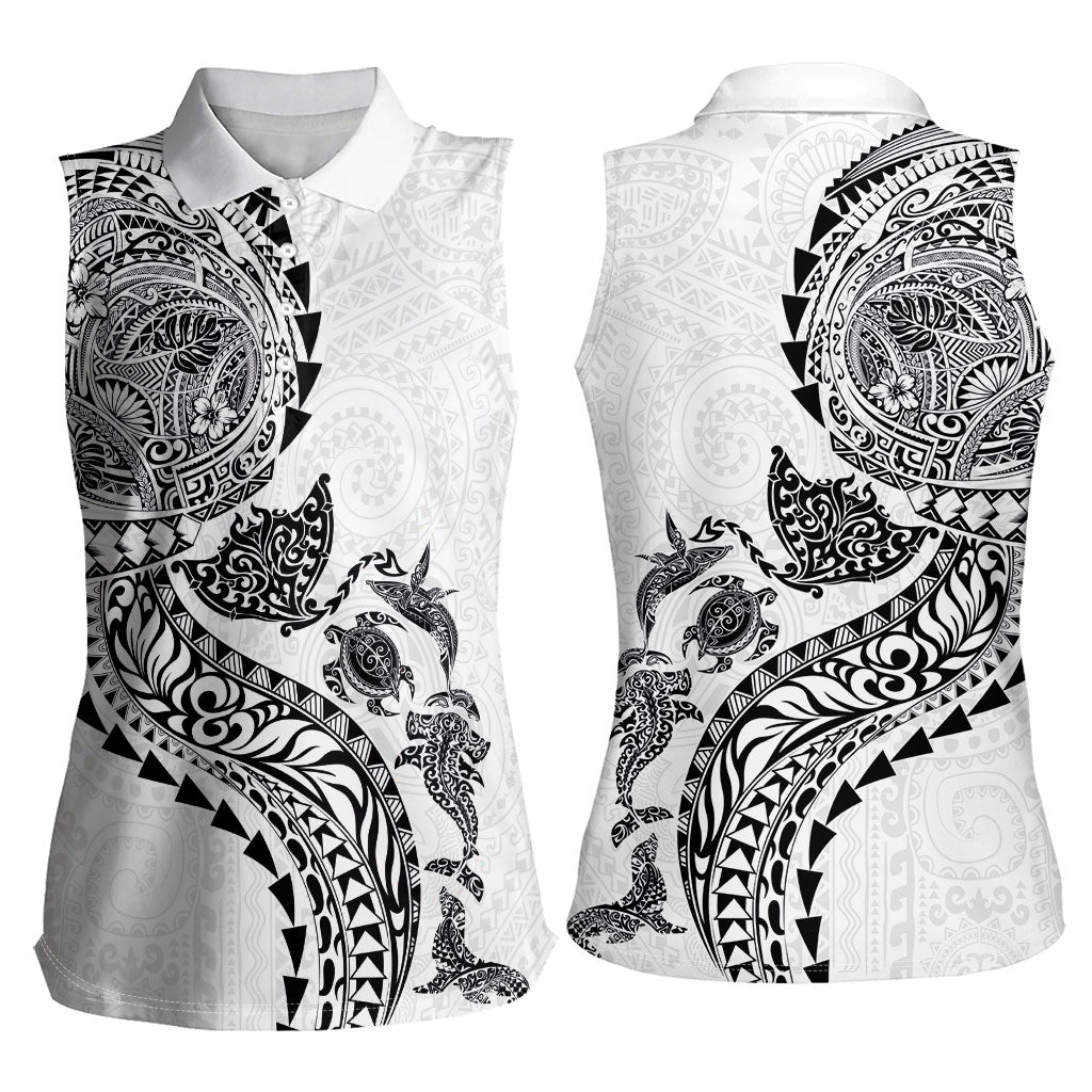 Hawaiian Kakau Tribal Sea Animals Tattoos Women Sleeveless Polo Shirt White Color LT03 - Polynesian Pride