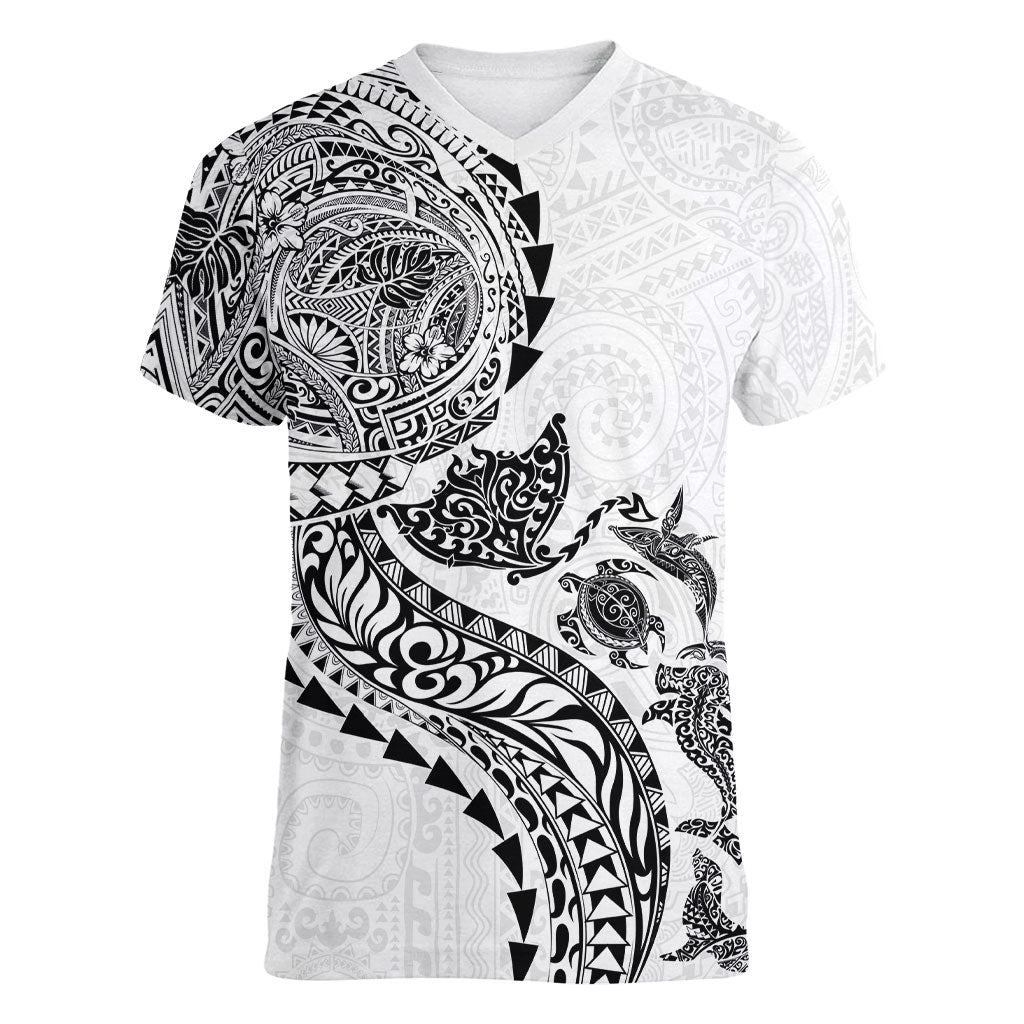 Hawaiian Kakau Tribal Sea Animals Tattoos Women V-Neck T-Shirt White Color LT03 Female White - Polynesian Pride