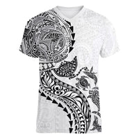Hawaiian Kakau Tribal Sea Animals Tattoos Women V-Neck T-Shirt White Color LT03 Female White - Polynesian Pride