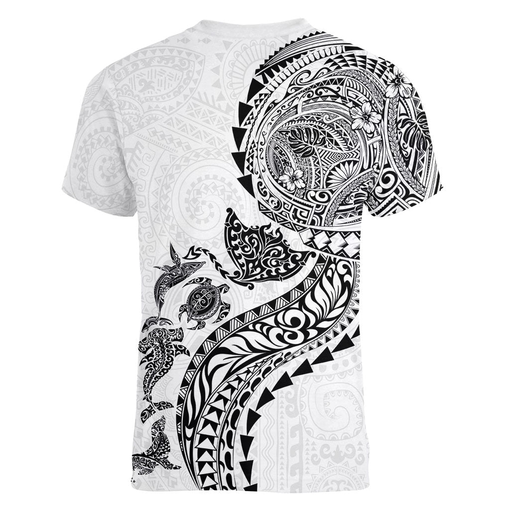 Hawaiian Kakau Tribal Sea Animals Tattoos Women V-Neck T-Shirt White Color LT03 - Polynesian Pride