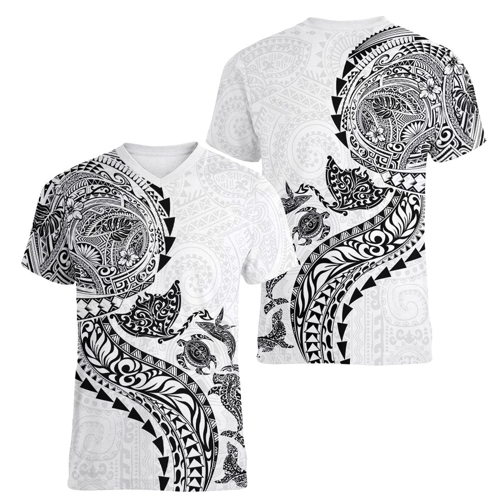 Hawaiian Kakau Tribal Sea Animals Tattoos Women V-Neck T-Shirt White Color LT03 - Polynesian Pride