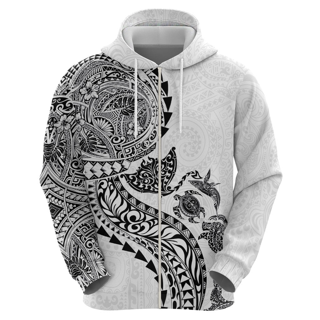 Hawaiian Kakau Tribal Sea Animals Tattoos Zip Hoodie White Color LT03 - Polynesian Pride