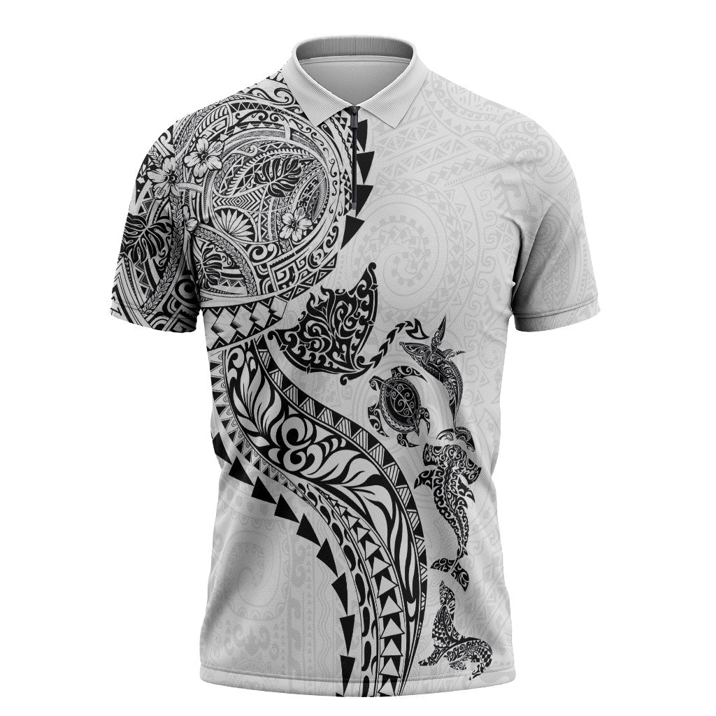 Hawaiian Kakau Tribal Sea Animals Tattoos Zipper Polo Shirt White Color LT03 White - Polynesian Pride