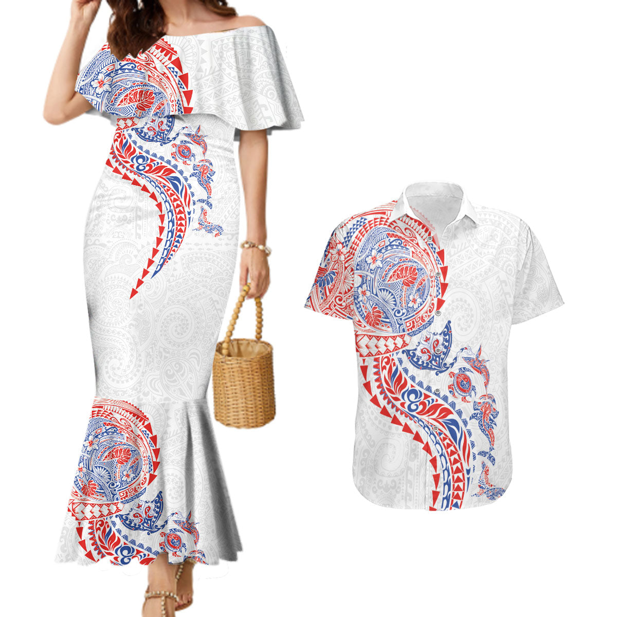 Hawaiian Kakau Tribal Sea Animals Tattoos Couples Matching Mermaid Dress and Hawaiian Shirt Hawaii Flag Color Inspired LT03 Multicolor - Polynesian Pride