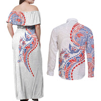 Hawaiian Kakau Tribal Sea Animals Tattoos Couples Matching Off Shoulder Maxi Dress and Long Sleeve Button Shirt Hawaii Flag Color Inspired LT03 - Polynesian Pride