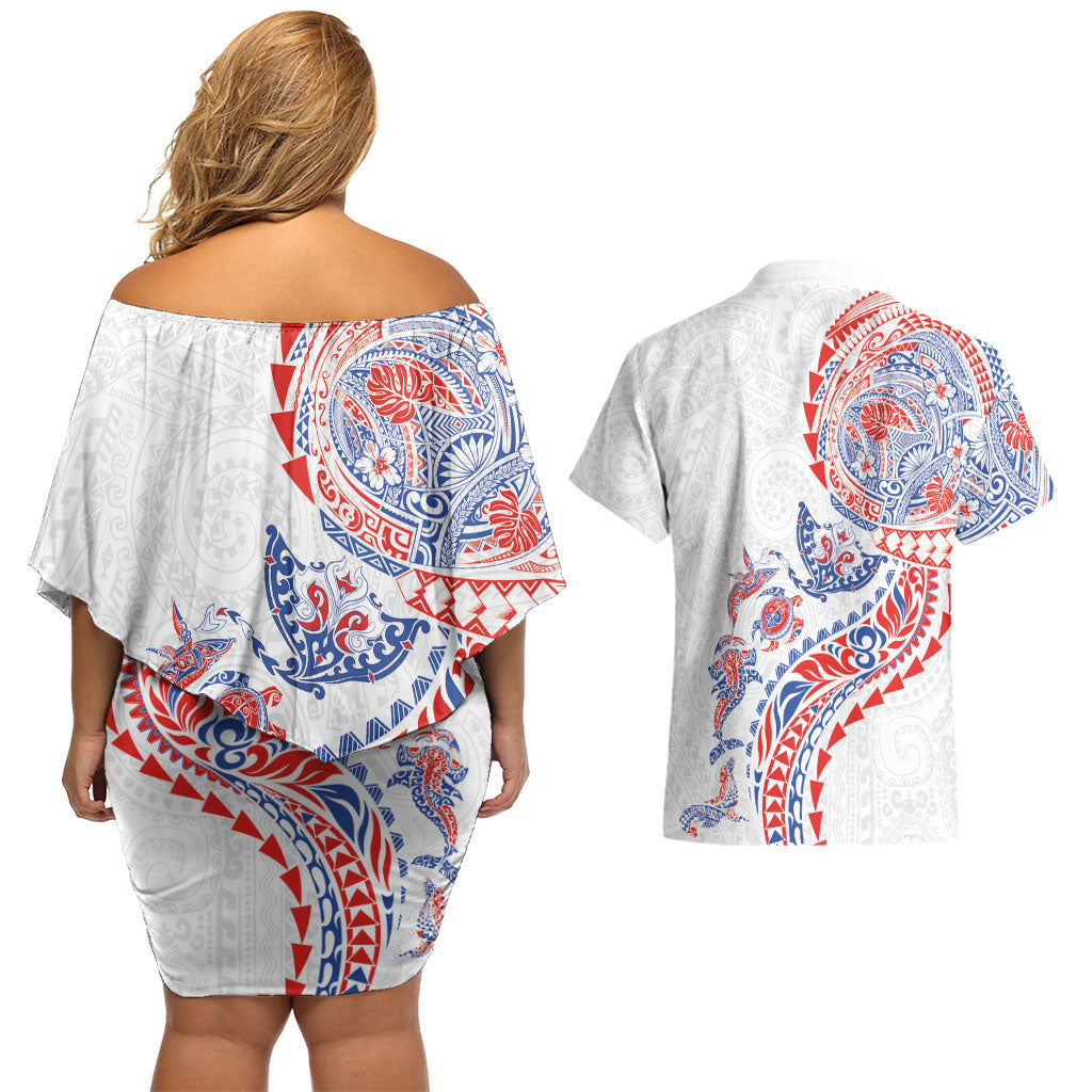 Hawaiian Kakau Tribal Sea Animals Tattoos Couples Matching Off Shoulder Short Dress and Hawaiian Shirt Hawaii Flag Color Inspired LT03 - Polynesian Pride