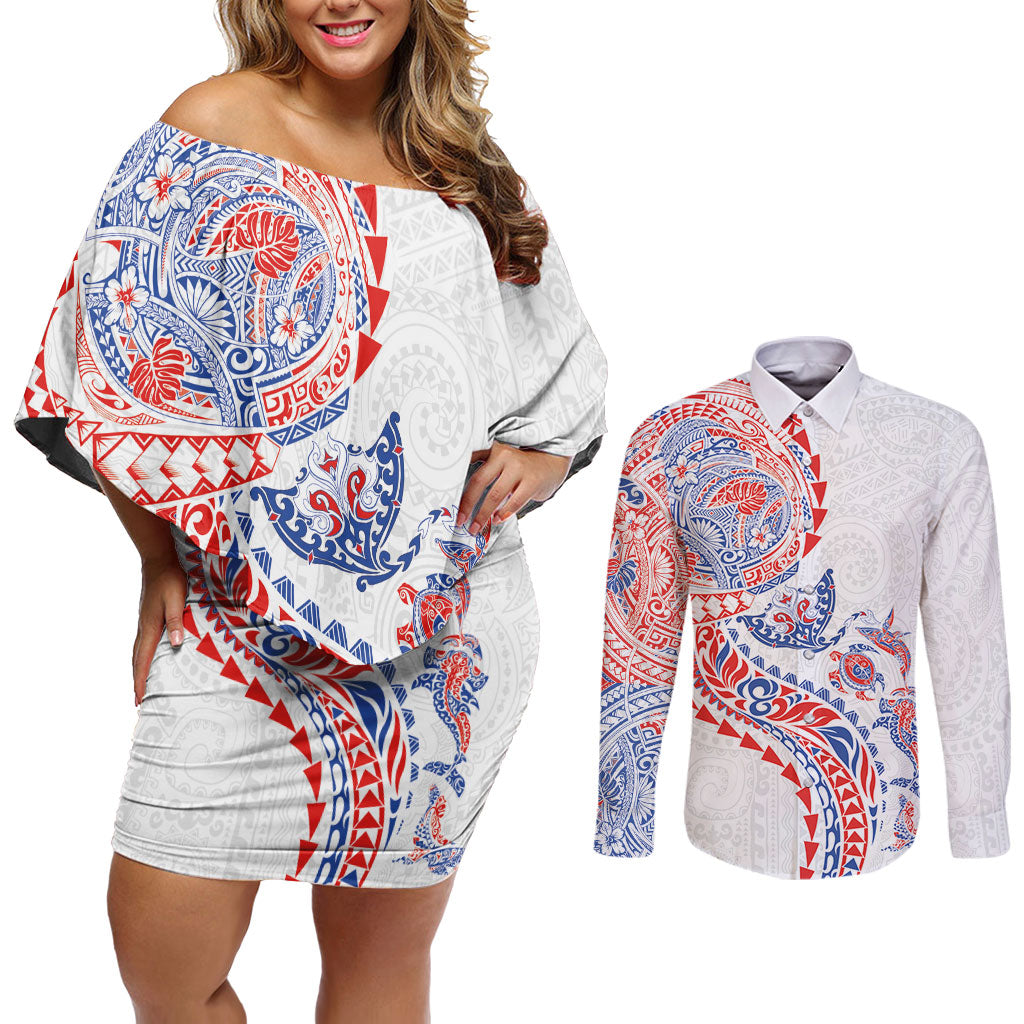 Hawaiian Kakau Tribal Sea Animals Tattoos Couples Matching Off Shoulder Short Dress and Long Sleeve Button Shirt Hawaii Flag Color Inspired LT03 Multicolor - Polynesian Pride