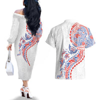 Hawaiian Kakau Tribal Sea Animals Tattoos Couples Matching Off The Shoulder Long Sleeve Dress and Hawaiian Shirt Hawaii Flag Color Inspired LT03 - Polynesian Pride