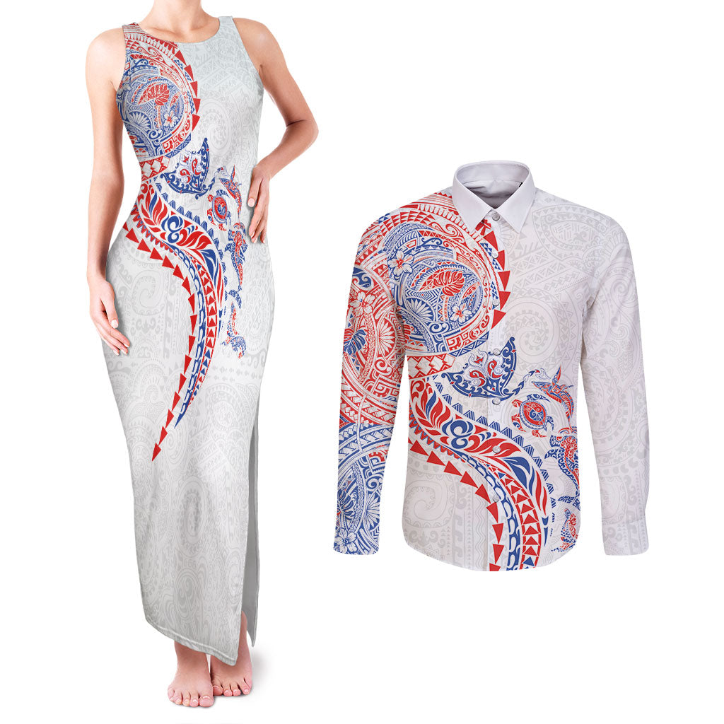 Hawaiian Kakau Tribal Sea Animals Tattoos Couples Matching Tank Maxi Dress and Long Sleeve Button Shirt Hawaii Flag Color Inspired LT03 Multicolor - Polynesian Pride