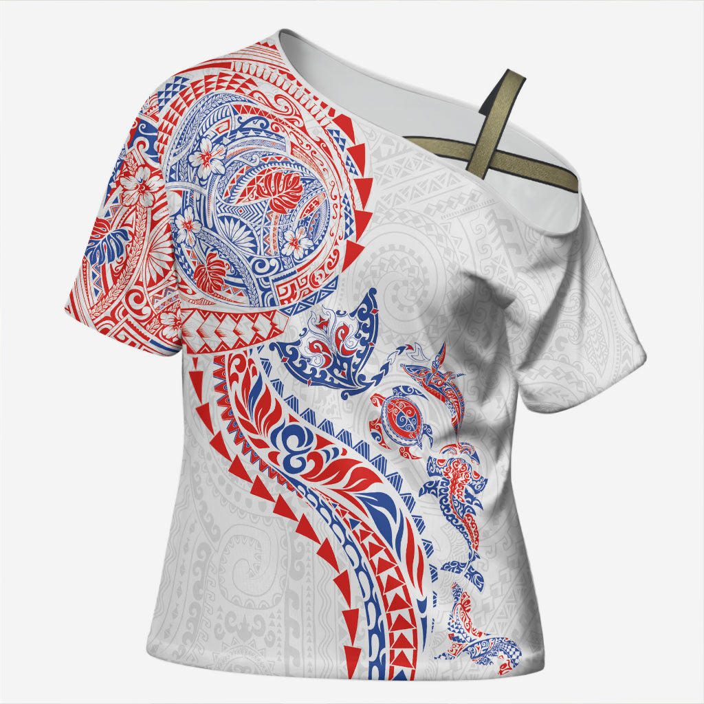 Hawaiian Kakau Tribal Sea Animals Tattoos Cross Shoulder Shirt Hawaii Flag Color Inspired LT03 Female Multicolor - Polynesian Pride
