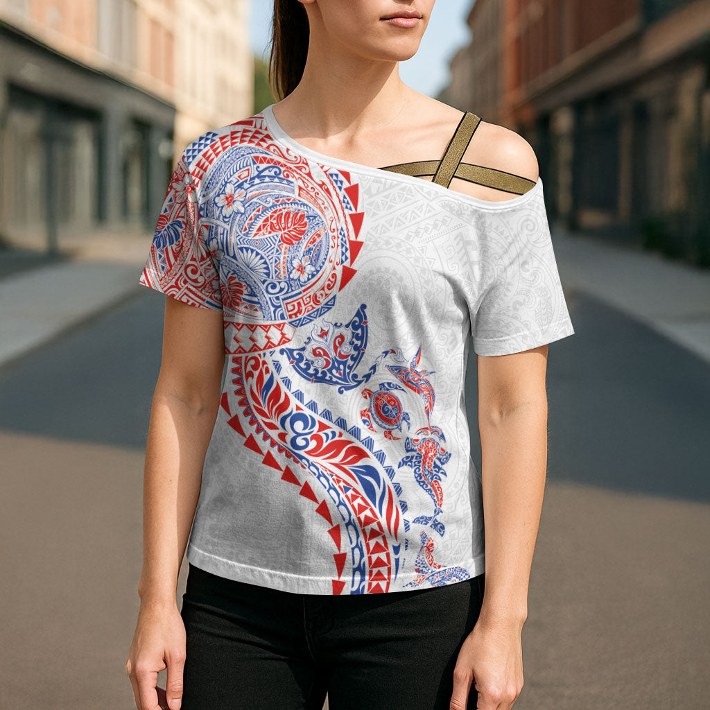 Hawaiian Kakau Tribal Sea Animals Tattoos Cross Shoulder Shirt Hawaii Flag Color Inspired LT03 - Polynesian Pride