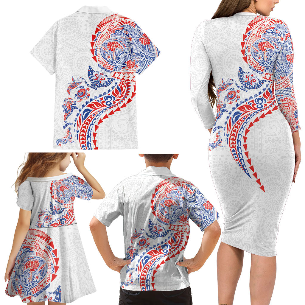 Hawaiian Kakau Tribal Sea Animals Tattoos Family Matching Long Sleeve Bodycon Dress and Hawaiian Shirt Hawaii Flag Color Inspired LT03 - Polynesian Pride