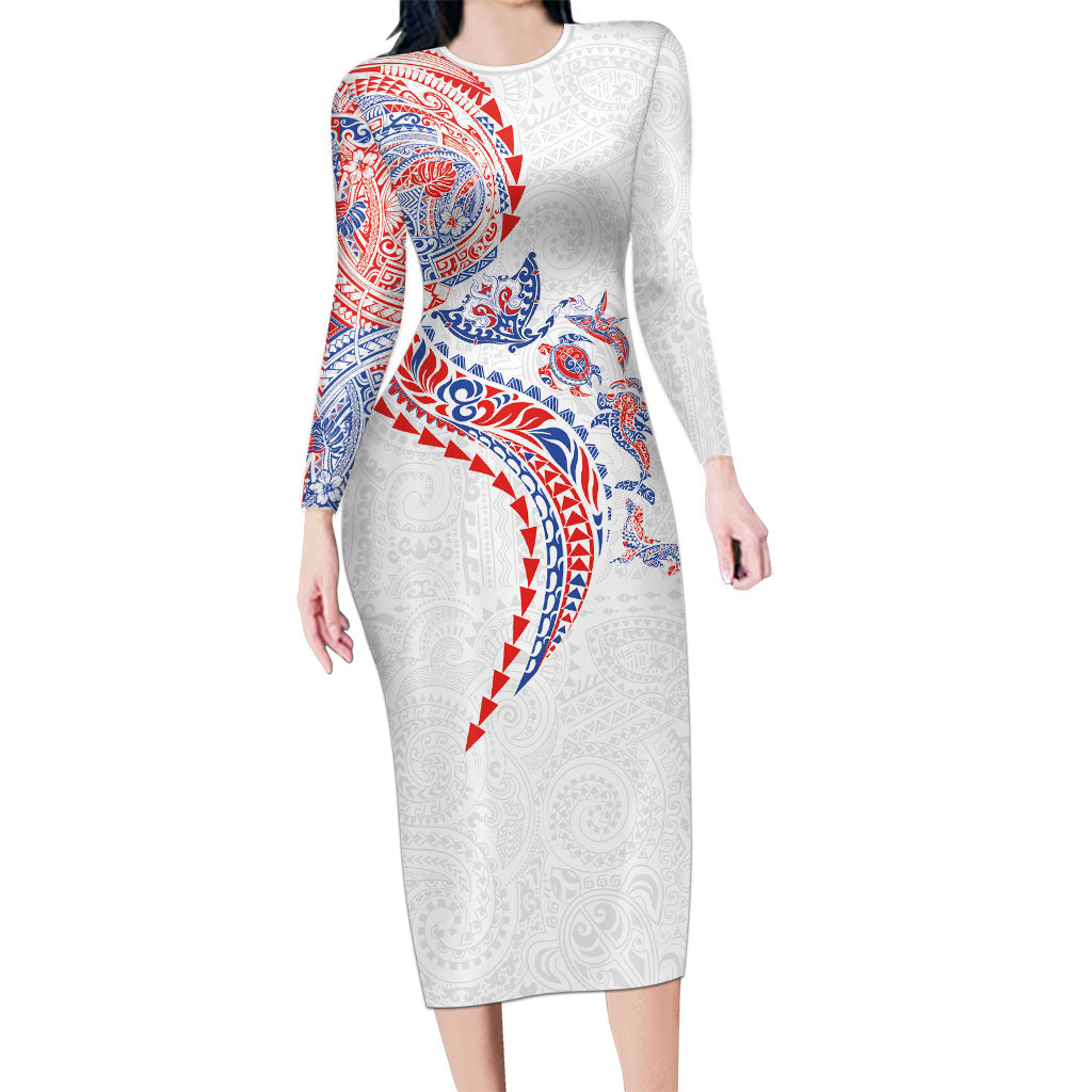 Hawaiian Kakau Tribal Sea Animals Tattoos Family Matching Long Sleeve Bodycon Dress and Hawaiian Shirt Hawaii Flag Color Inspired LT03 Mom's Dress Multicolor - Polynesian Pride