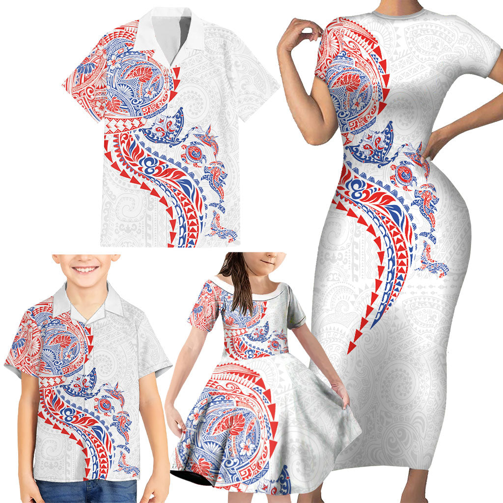 Hawaiian Kakau Tribal Sea Animals Tattoos Family Matching Short Sleeve Bodycon Dress and Hawaiian Shirt Hawaii Flag Color Inspired LT03 - Polynesian Pride