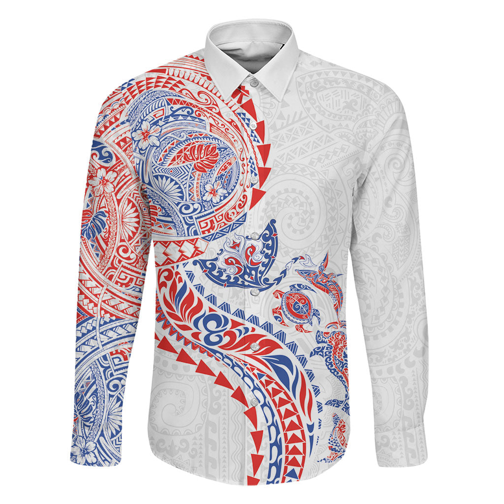 Hawaiian Kakau Tribal Sea Animals Tattoos Family Matching Tank Maxi Dress and Hawaiian Shirt Hawaii Flag Color Inspired LT03 Dad's Shirt - Long Sleeve Multicolor - Polynesian Pride