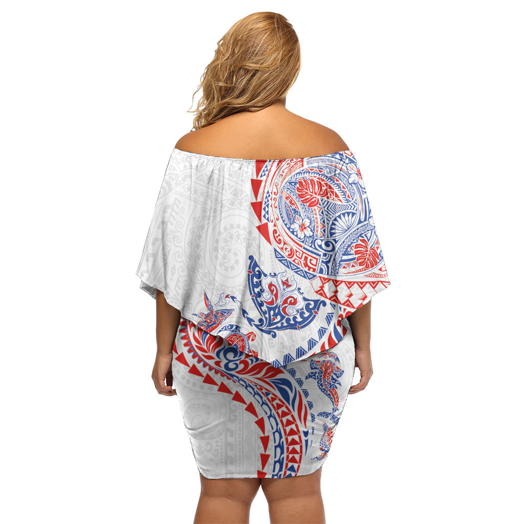 Hawaiian Kakau Tribal Sea Animals Tattoos Off Shoulder Short Dress Hawaii Flag Color Inspired LT03 - Polynesian Pride