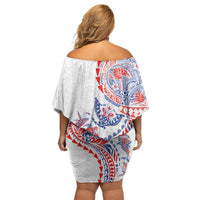 Hawaiian Kakau Tribal Sea Animals Tattoos Off Shoulder Short Dress Hawaii Flag Color Inspired LT03 - Polynesian Pride
