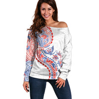 Hawaiian Kakau Tribal Sea Animals Tattoos Off Shoulder Sweater Hawaii Flag Color Inspired LT03 Women Multicolor - Polynesian Pride