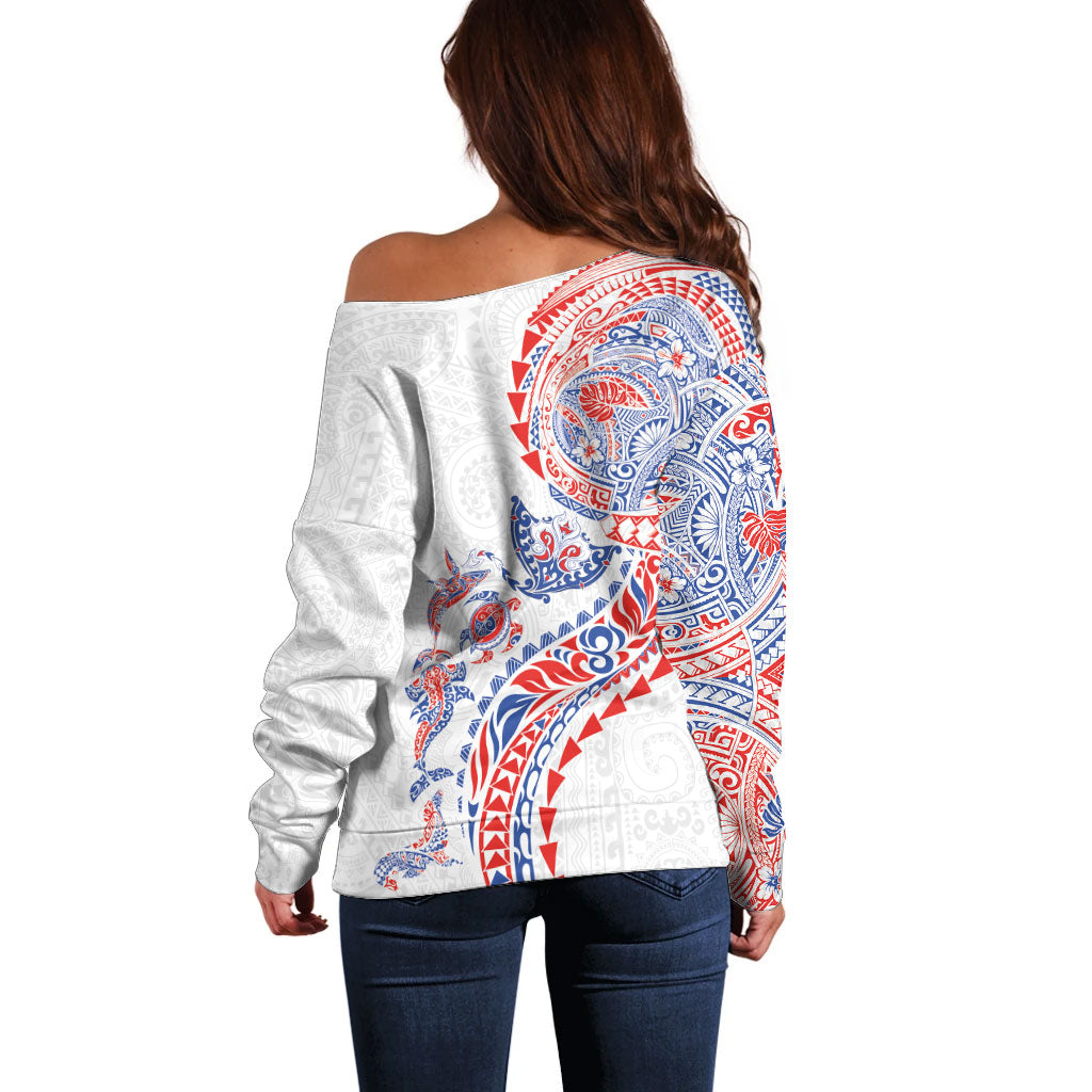 Hawaiian Kakau Tribal Sea Animals Tattoos Off Shoulder Sweater Hawaii Flag Color Inspired LT03 - Polynesian Pride
