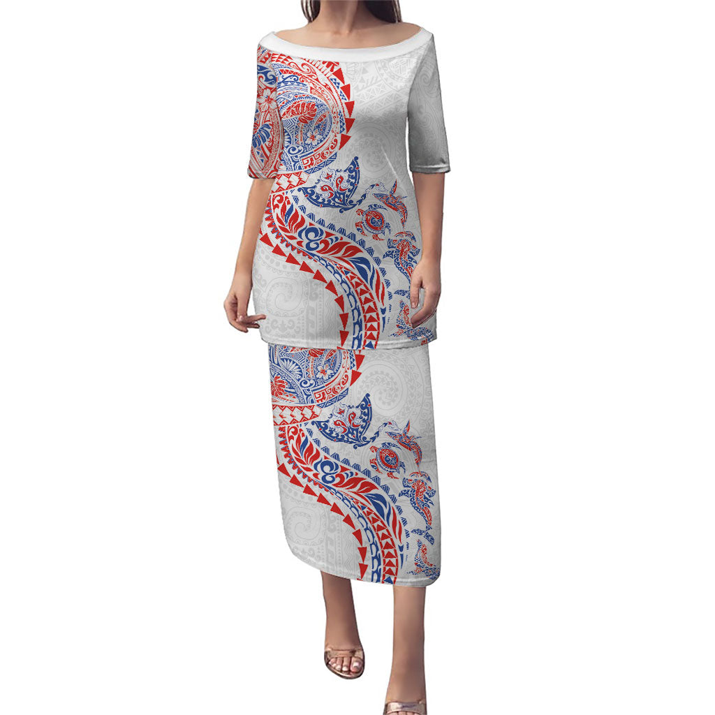 Hawaiian Kakau Tribal Sea Animals Tattoos Puletasi Hawaii Flag Color Inspired LT03 Long Dress Multicolor - Polynesian Pride