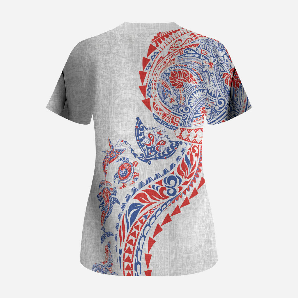 Hawaiian Kakau Tribal Sea Animals Tattoos Scrub Top Hawaii Flag Color Inspired LT03 - Polynesian Pride