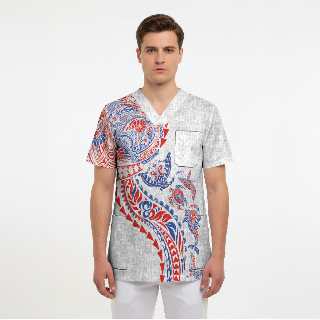 Hawaiian Kakau Tribal Sea Animals Tattoos Scrub Top Hawaii Flag Color Inspired LT03 - Polynesian Pride