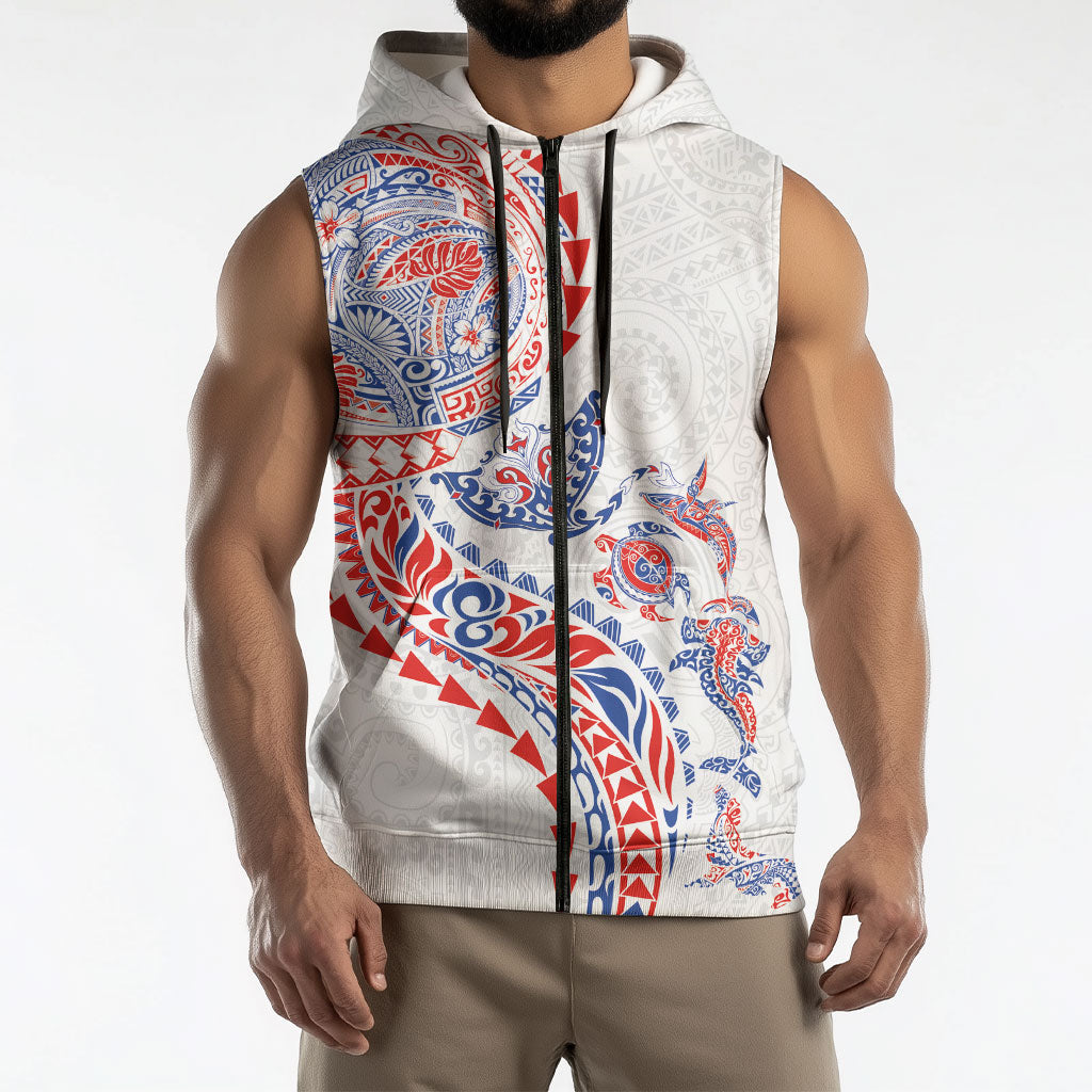 Hawaiian Kakau Tribal Sea Animals Tattoos Sleeveless Zip Hoodie Hawaii Flag Color Inspired LT03 - Polynesian Pride