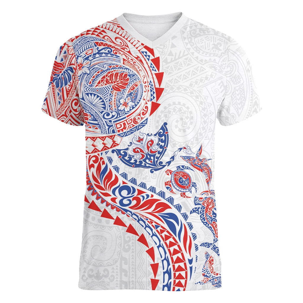 Hawaiian Kakau Tribal Sea Animals Tattoos Women V-Neck T-Shirt Hawaii Flag Color Inspired