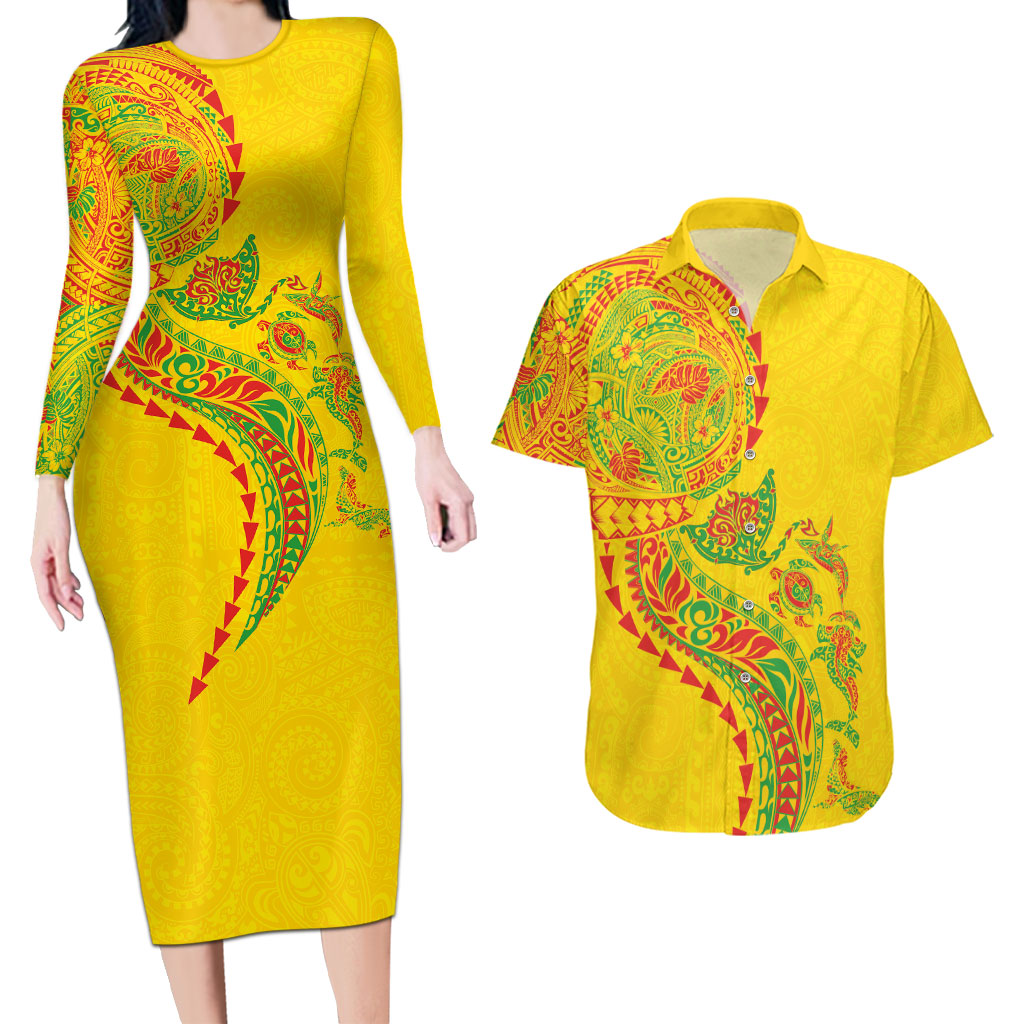 Hawaiian Kakau Tribal Sea Animals Tattoos Couples Matching Long Sleeve Bodycon Dress and Hawaiian Shirt Kanaka Maoli Flag Color Inspired LT03 Multicolor - Polynesian Pride