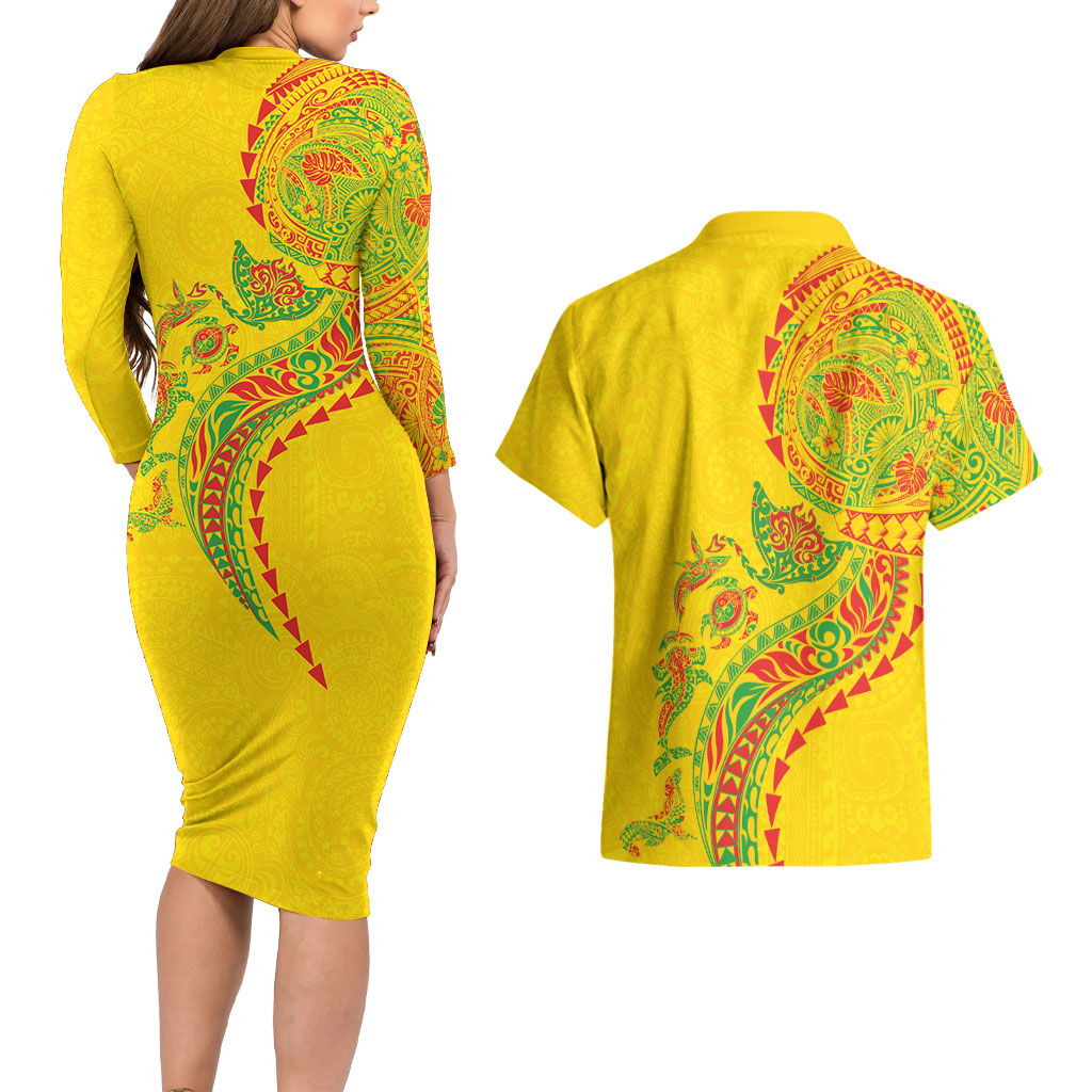 Hawaiian Kakau Tribal Sea Animals Tattoos Couples Matching Long Sleeve Bodycon Dress and Hawaiian Shirt Kanaka Maoli Flag Color Inspired LT03 - Polynesian Pride