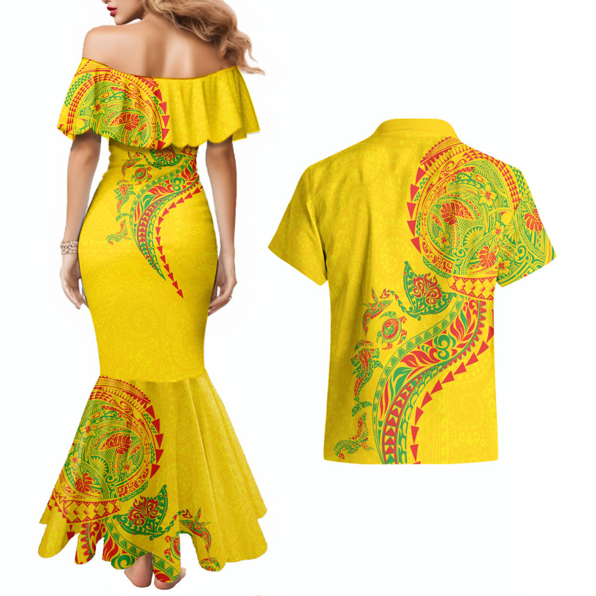 Hawaiian Kakau Tribal Sea Animals Tattoos Couples Matching Mermaid Dress and Hawaiian Shirt Kanaka Maoli Flag Color Inspired LT03 - Polynesian Pride
