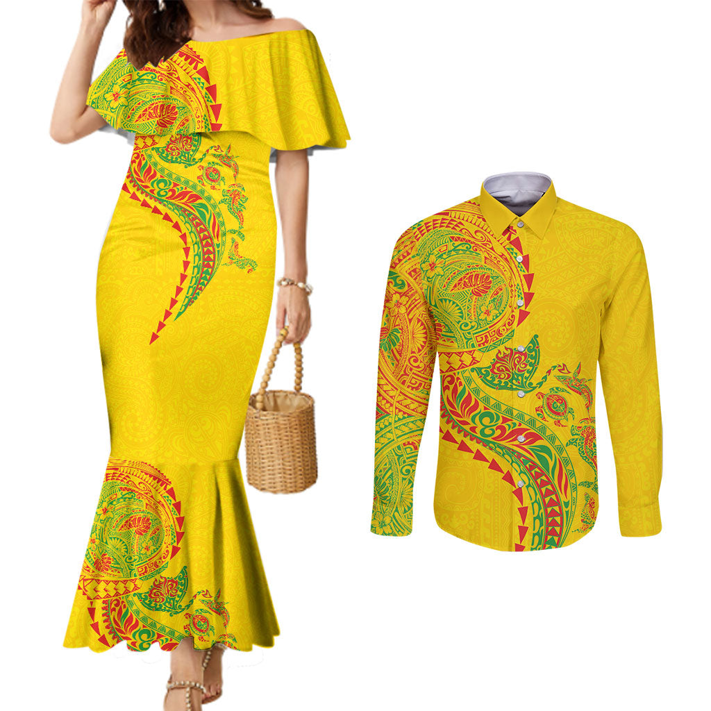 Hawaiian Kakau Tribal Sea Animals Tattoos Couples Matching Mermaid Dress and Long Sleeve Button Shirt Kanaka Maoli Flag Color Inspired LT03 Multicolor - Polynesian Pride