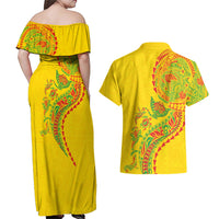 Hawaiian Kakau Tribal Sea Animals Tattoos Couples Matching Off Shoulder Maxi Dress and Hawaiian Shirt Kanaka Maoli Flag Color Inspired LT03 - Polynesian Pride