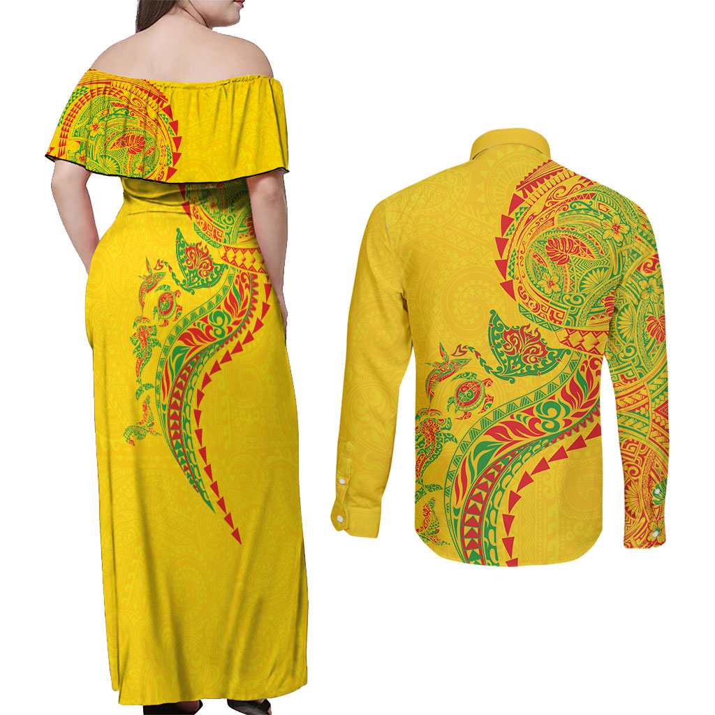 Hawaiian Kakau Tribal Sea Animals Tattoos Couples Matching Off Shoulder Maxi Dress and Long Sleeve Button Shirt Kanaka Maoli Flag Color Inspired LT03 - Polynesian Pride