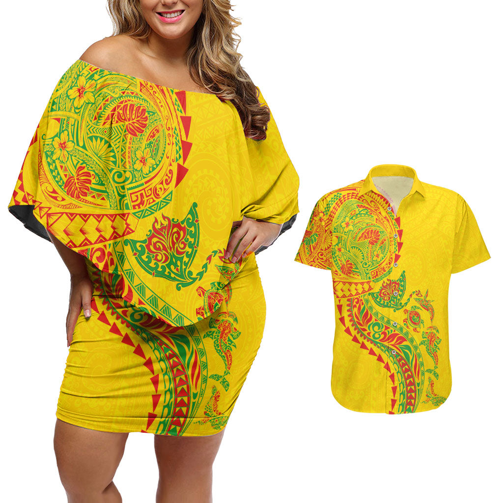 Hawaiian Kakau Tribal Sea Animals Tattoos Couples Matching Off Shoulder Short Dress and Hawaiian Shirt Kanaka Maoli Flag Color Inspired