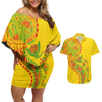 Hawaiian Kakau Tribal Sea Animals Tattoos Couples Matching Off Shoulder Short Dress and Hawaiian Shirt Kanaka Maoli Flag Color Inspired LT03 Multicolor - Polynesian Pride