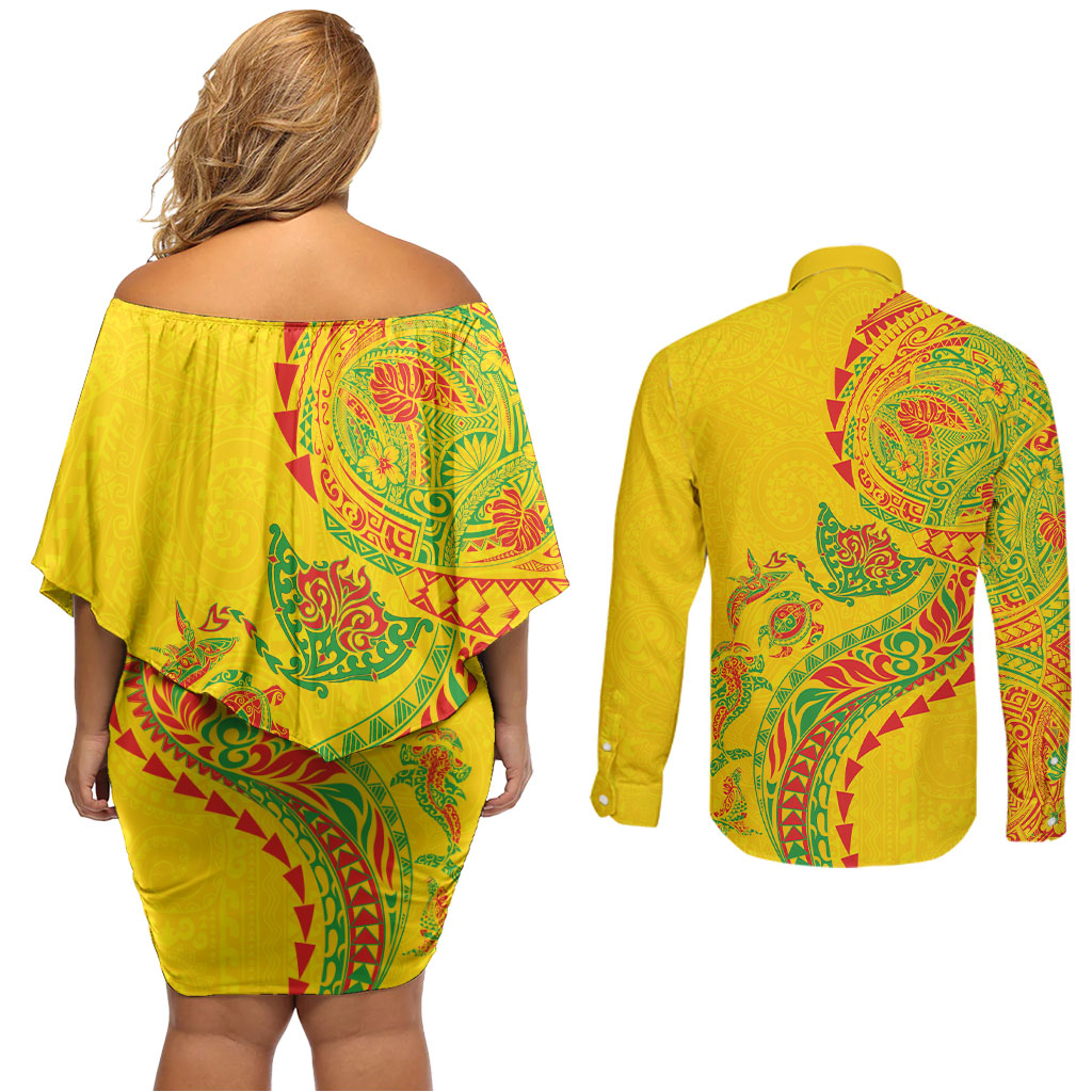 Hawaiian Kakau Tribal Sea Animals Tattoos Couples Matching Off Shoulder Short Dress and Long Sleeve Button Shirt Kanaka Maoli Flag Color Inspired LT03 - Polynesian Pride