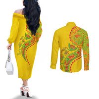 Hawaiian Kakau Tribal Sea Animals Tattoos Couples Matching Off The Shoulder Long Sleeve Dress and Long Sleeve Button Shirt Kanaka Maoli Flag Color Inspired LT03 - Polynesian Pride
