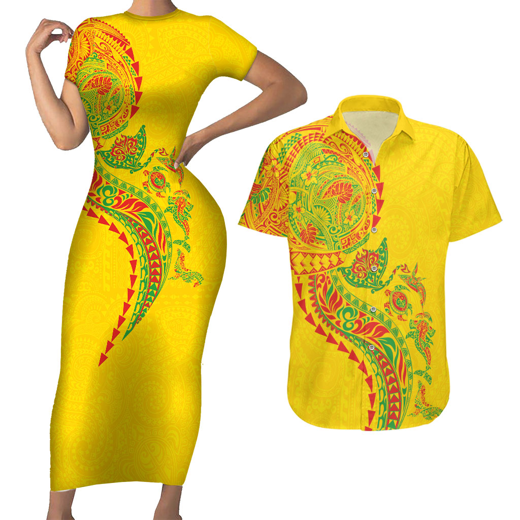 Hawaiian Kakau Tribal Sea Animals Tattoos Couples Matching Short Sleeve Bodycon Dress and Hawaiian Shirt Kanaka Maoli Flag Color Inspired LT03 Multicolor - Polynesian Pride