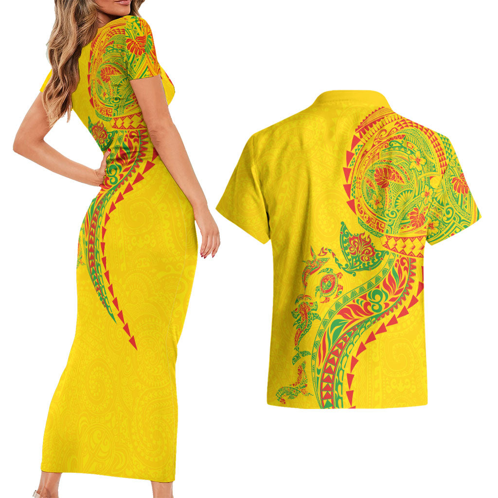 Hawaiian Kakau Tribal Sea Animals Tattoos Couples Matching Short Sleeve Bodycon Dress and Hawaiian Shirt Kanaka Maoli Flag Color Inspired LT03 - Polynesian Pride