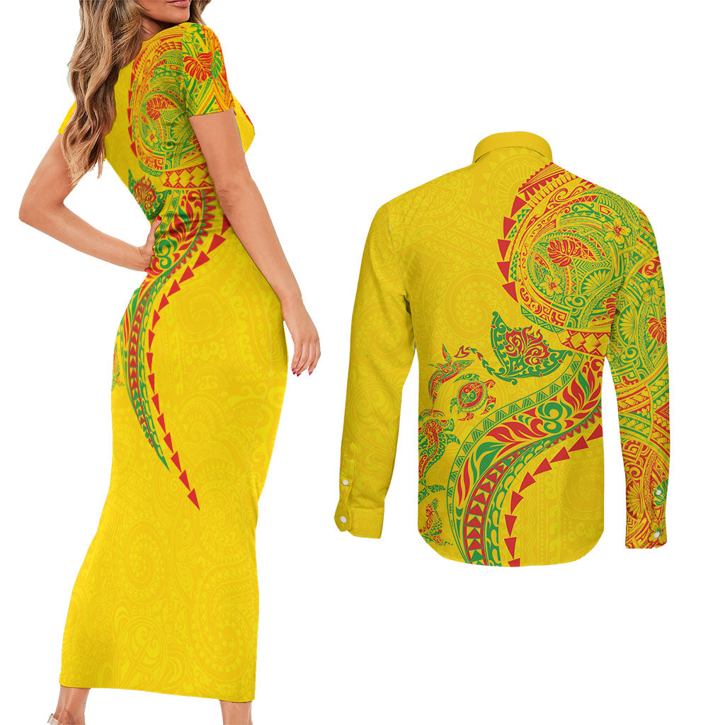 Hawaiian Kakau Tribal Sea Animals Tattoos Couples Matching Short Sleeve Bodycon Dress and Long Sleeve Button Shirt Kanaka Maoli Flag Color Inspired LT03 - Polynesian Pride