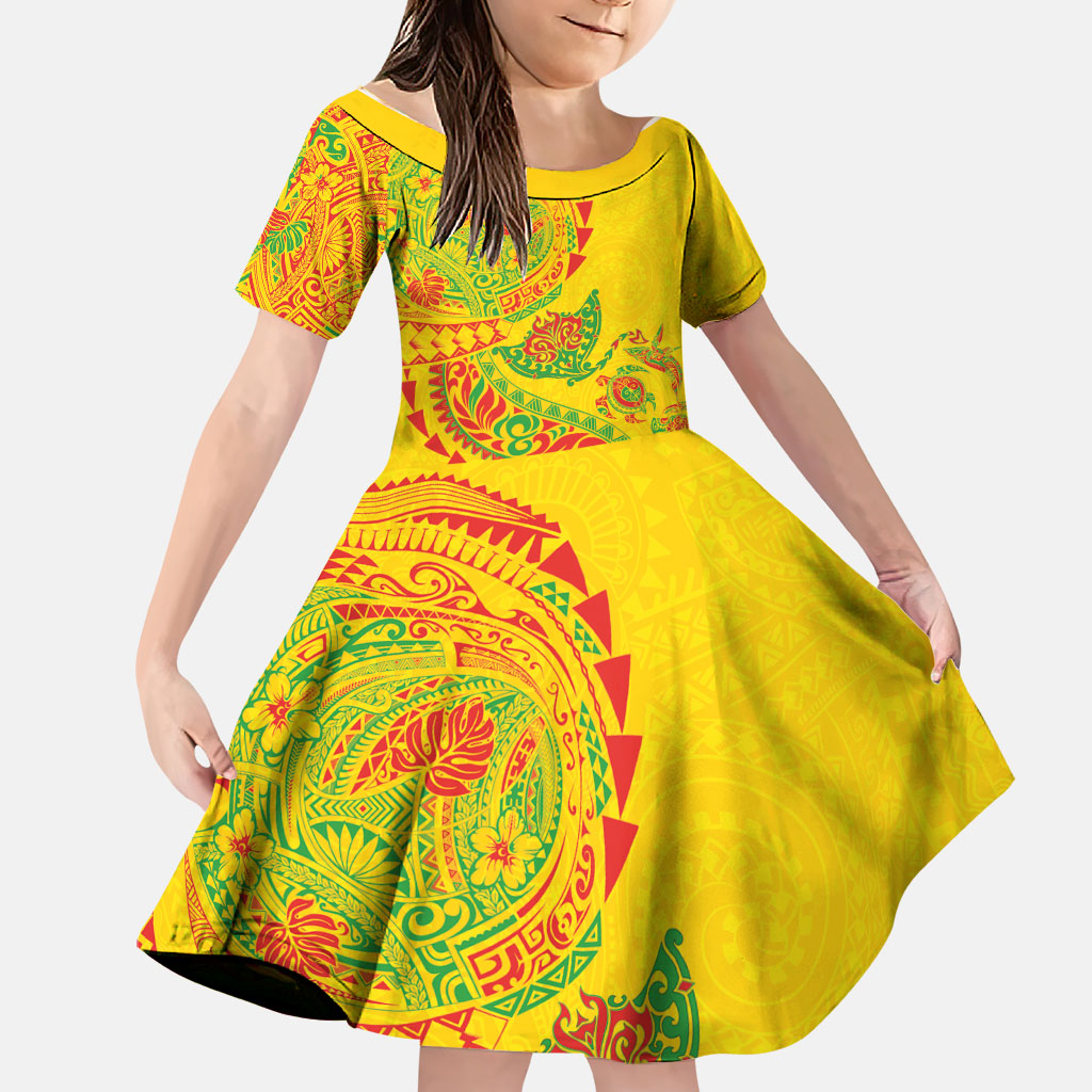 Hawaiian Kakau Tribal Sea Animals Tattoos Family Matching Long Sleeve Bodycon Dress and Hawaiian Shirt Kanaka Maoli Flag Color Inspired LT03 Daughter's Dress Multicolor - Polynesian Pride