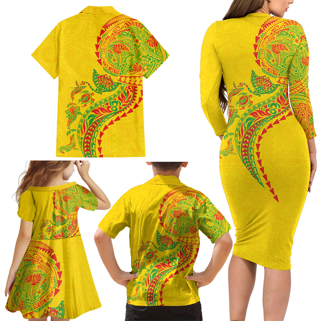 Hawaiian Kakau Tribal Sea Animals Tattoos Family Matching Long Sleeve Bodycon Dress and Hawaiian Shirt Kanaka Maoli Flag Color Inspired LT03 - Polynesian Pride