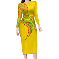 Hawaiian Kakau Tribal Sea Animals Tattoos Family Matching Long Sleeve Bodycon Dress and Hawaiian Shirt Kanaka Maoli Flag Color Inspired LT03 Mom's Dress Multicolor - Polynesian Pride