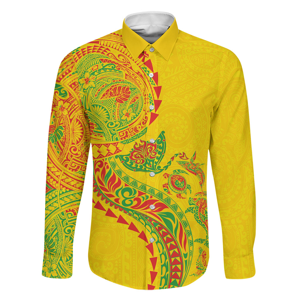 Hawaiian Kakau Tribal Sea Animals Tattoos Family Matching Tank Maxi Dress and Hawaiian Shirt Kanaka Maoli Flag Color Inspired LT03 Dad's Shirt - Long Sleeve Multicolor - Polynesian Pride