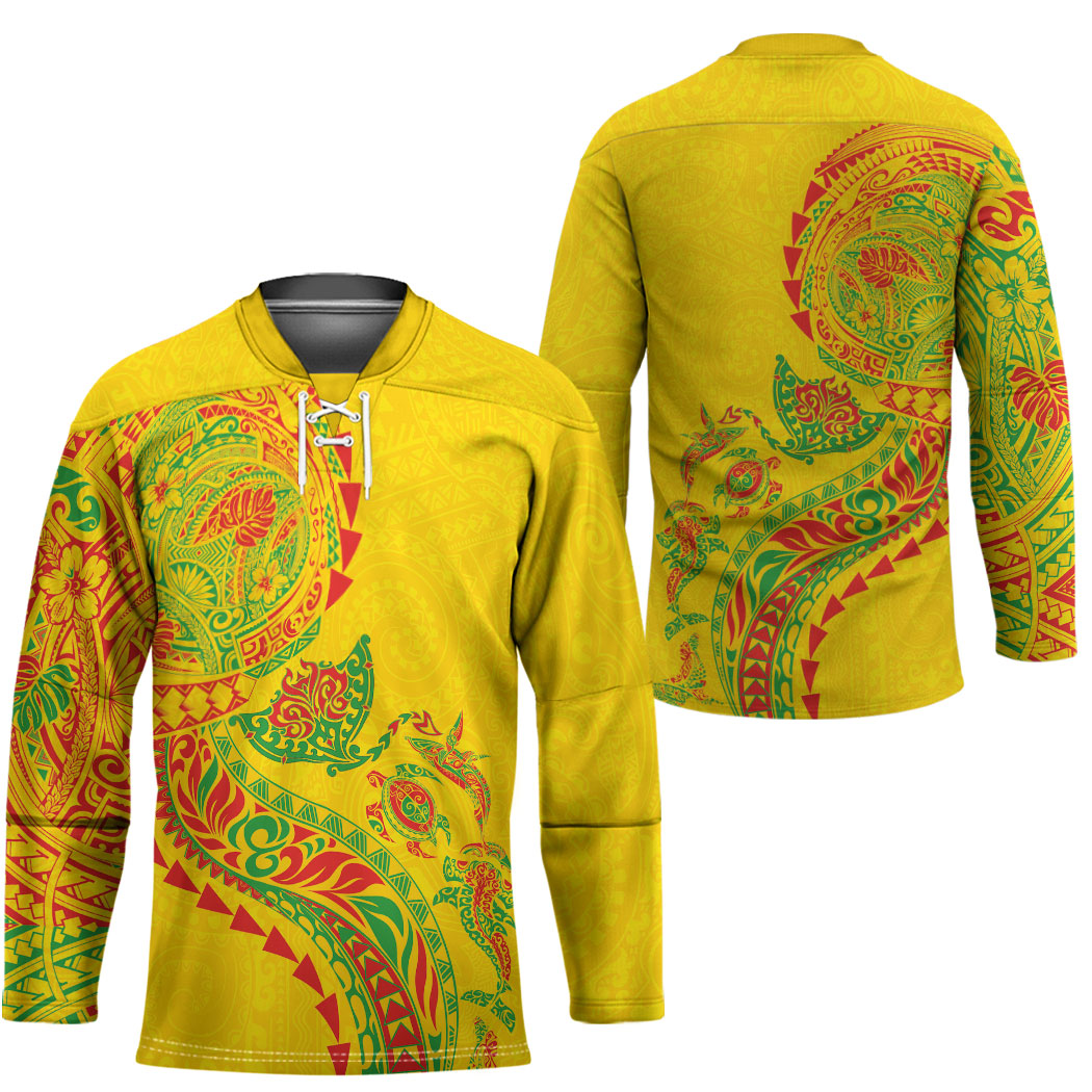 Hawaiian Kakau Tribal Sea Animals Tattoos Hockey Jersey Kanaka Maoli Flag Color Inspired LT03 - Polynesian Pride