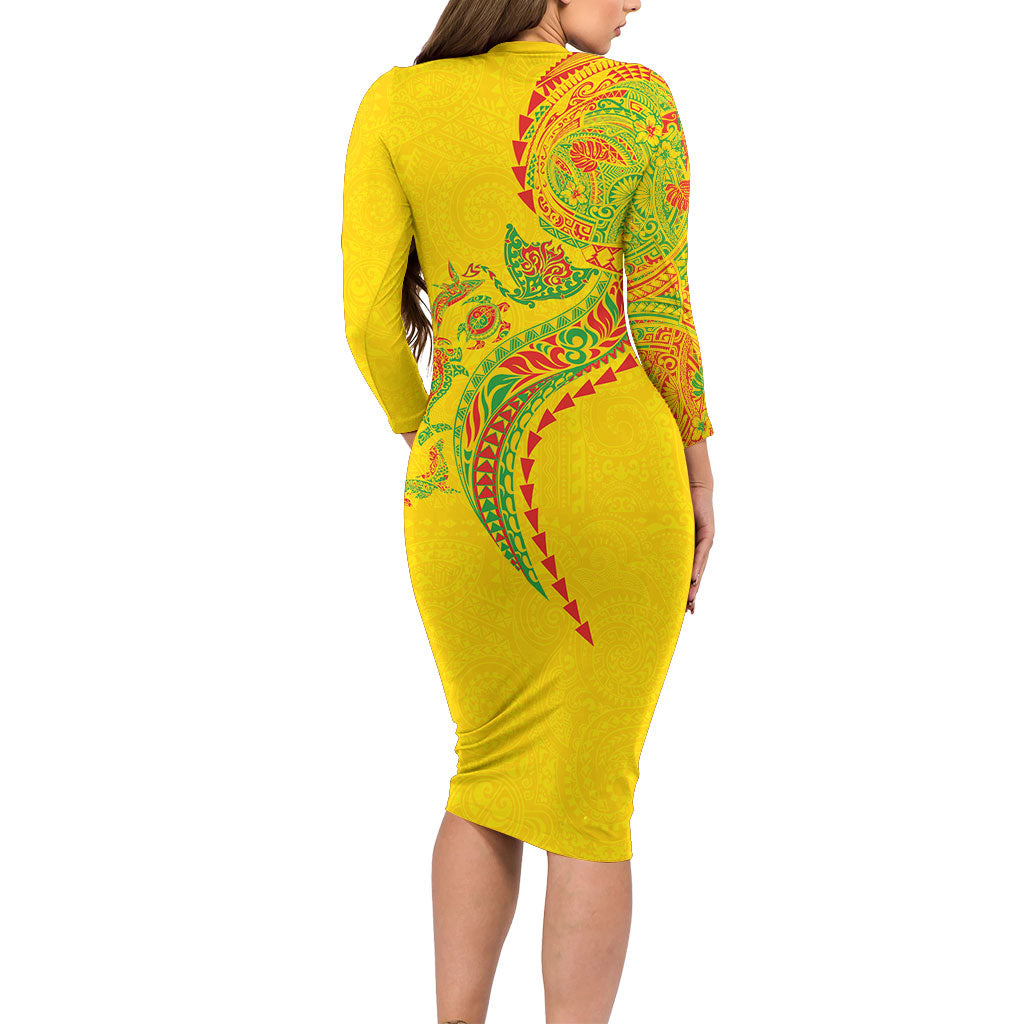 Hawaiian Kakau Tribal Sea Animals Tattoos Long Sleeve Bodycon Dress Kanaka Maoli Flag Color Inspired LT03 - Polynesian Pride